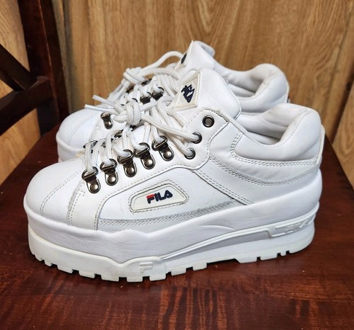 Fila Trailblazer Wedge Platform Trainers Chunky Rave White Leather Womens Sz 8 