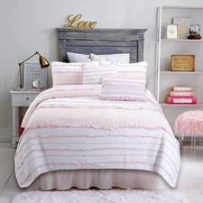 Pretty in Pink Girly Ruffle Stripped 100% Cotton Reversible Quilt Bedding Set, C