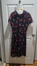 Black Floral Cap Sleeve Cheongsam Qipao Dress Frog Closure Mandarin Collar