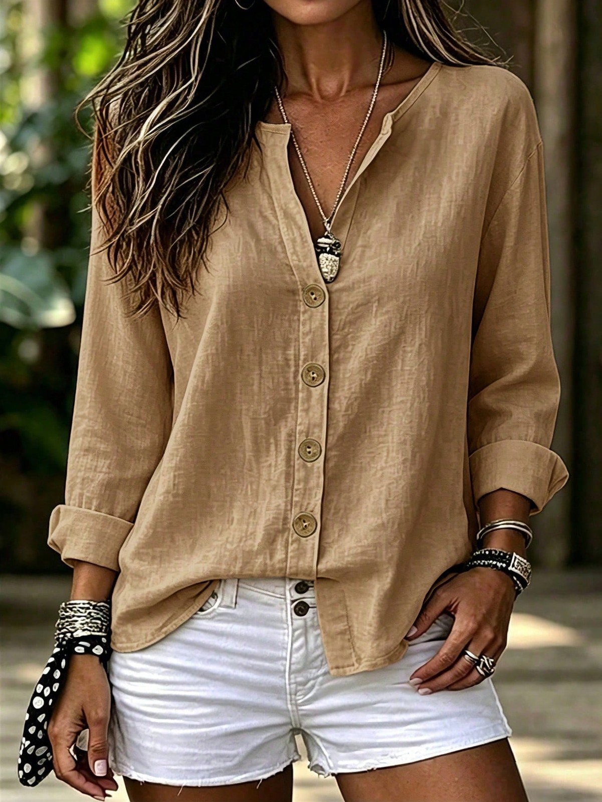 Women's Light Khaki V-Neck Button-Front Long Sleeve Loose Casual Vacation Style