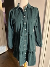 J. Crew Factory Corduroy Tiered Dress Size 8 Long Sleeve Collar Hunter Green