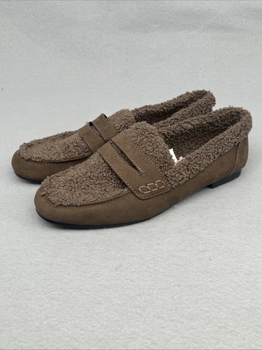 Women's Gap Woodsy Brown Sherpa Suede Slip Loafers Shoes Size 9 Cozy - Picture 3 of 14