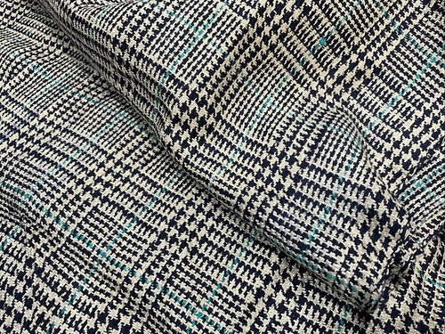 Houndstooth Fabric Remnant With Blue Detail 45” Wide By ~116” Long - Picture 1 of 6