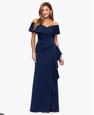 Xscape Navy Blue Off the Shoulder Side Ruffle Scuba Stretch Evening Gown $288 6