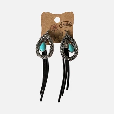 NWT Justin Silver Teardrop & Suede Fringe Turquoise Drop Earrings Boho Western - Image 1 of 3