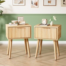 Oak Bedside Table with 1 Drawer, Grille Nightstand Tall Solid Wood Legs