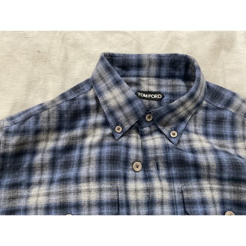 Tom Ford Mens Blue Grey Plaid Flannel Button Down Shirt 16.5 42 Made in Turkey