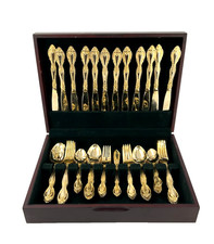 Stainless Steel Gold Colored Flatware Set Serves 12 In Wooden Storage Box