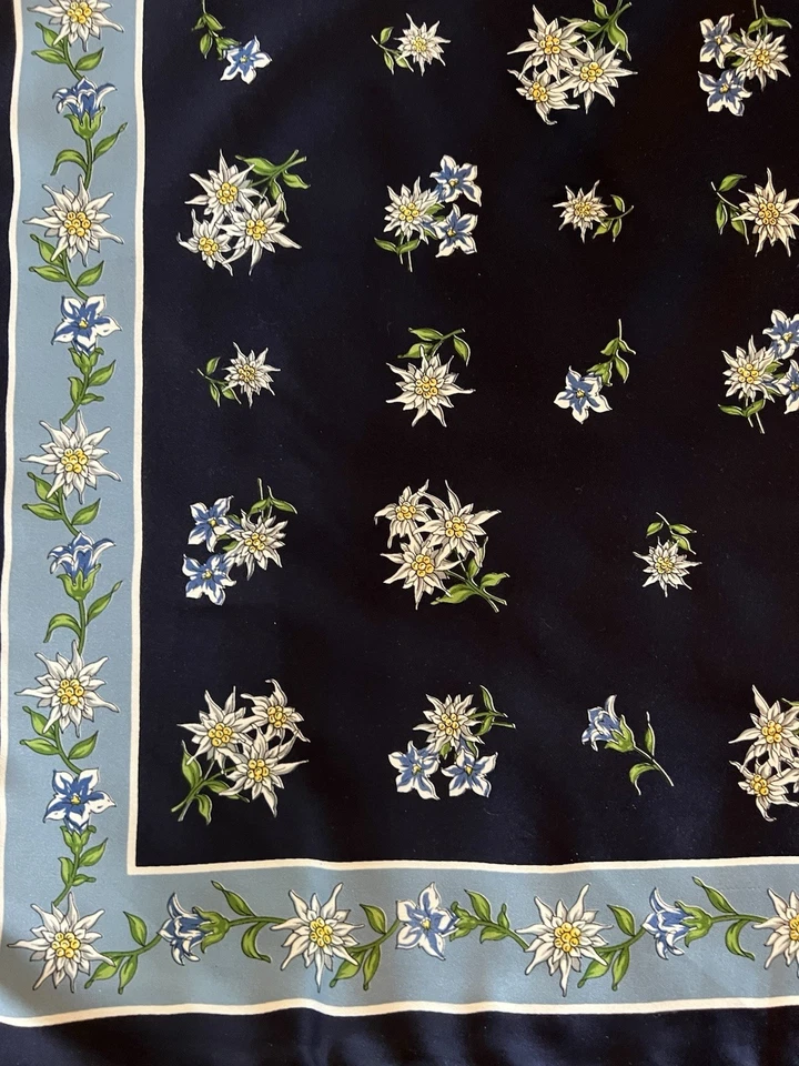 "Bufanda vintage Edelweiss 22"" cuadrada azul floral frontera Austria" Foto 3 de 3