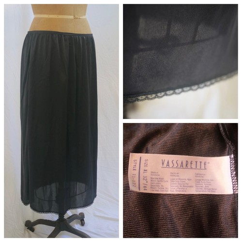 VASSARETTE Black Half Slip Skirt Petticoat LACE Nylon XL Style 11-122 EUC