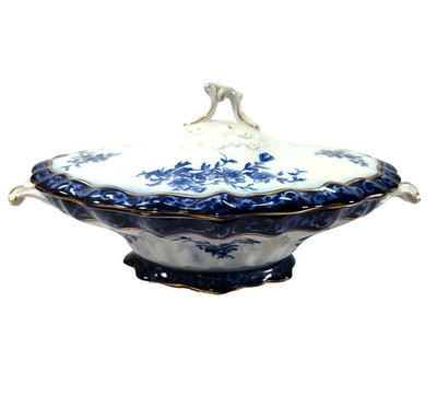 FLOW BLUE Covered Vegetable Stanley Touraine Pattern Reproduction Chinoiserie