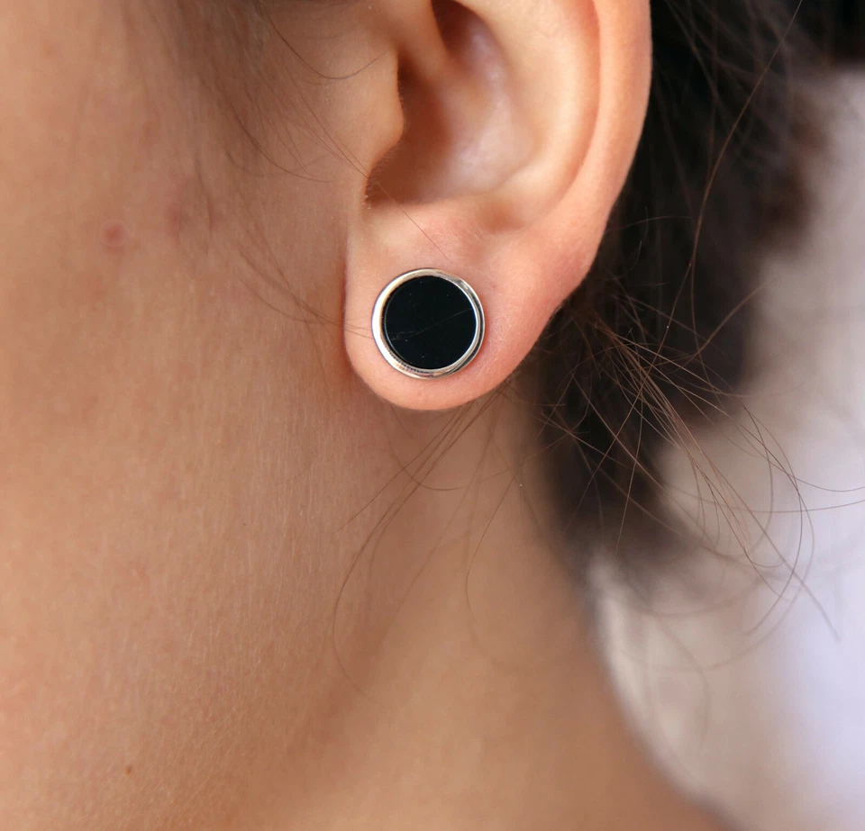 orecchini argento 925 bottone tondo 12mm onice nero levigato cerchio uomo donna - Immagine 2 di 4