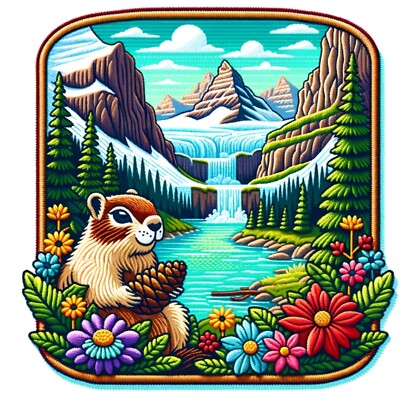 Squirrel Patch Embroidered Iron-on Applique Wild Animal Badge Mountains Flowers