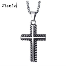 MENDEL Stainless Steel Mens Boys Christian Small Cross Pendant Necklace For Men