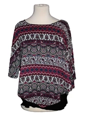 Women's AB Studio Size Large Blouse Shirt Top Layered Lined Burgundy Black White