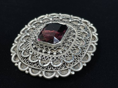 Vintage 900 Silber filigrane Brosche mit großem Amethyst aus Jerusalem (21,0 gtw) - Bild 4 von 10