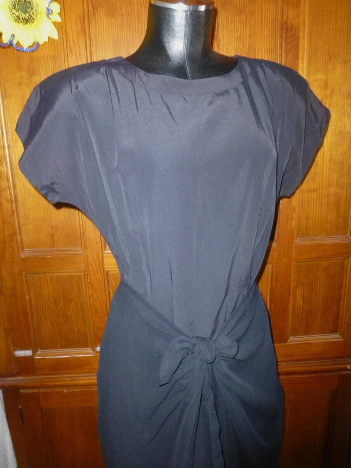 VESTIDO MIDI RETRO de colección años 80 negro de rayón de gasa envolvente falda de cóctel Foto 3 de 4
