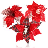 3X Weihnachtsstern Deko-Gesteck, Kunstblumen Als Tolle Weihnachtsdeko, Rot/Weiß