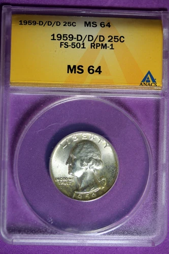 1959 - D/D/D ANACS MS64 FS-501 RPM-1 WASHINGTON QUARTER! #B28724