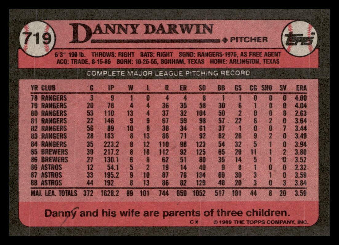 1989 Topps #719 Danny Darwin Houston Astros Baseball Card | eBay