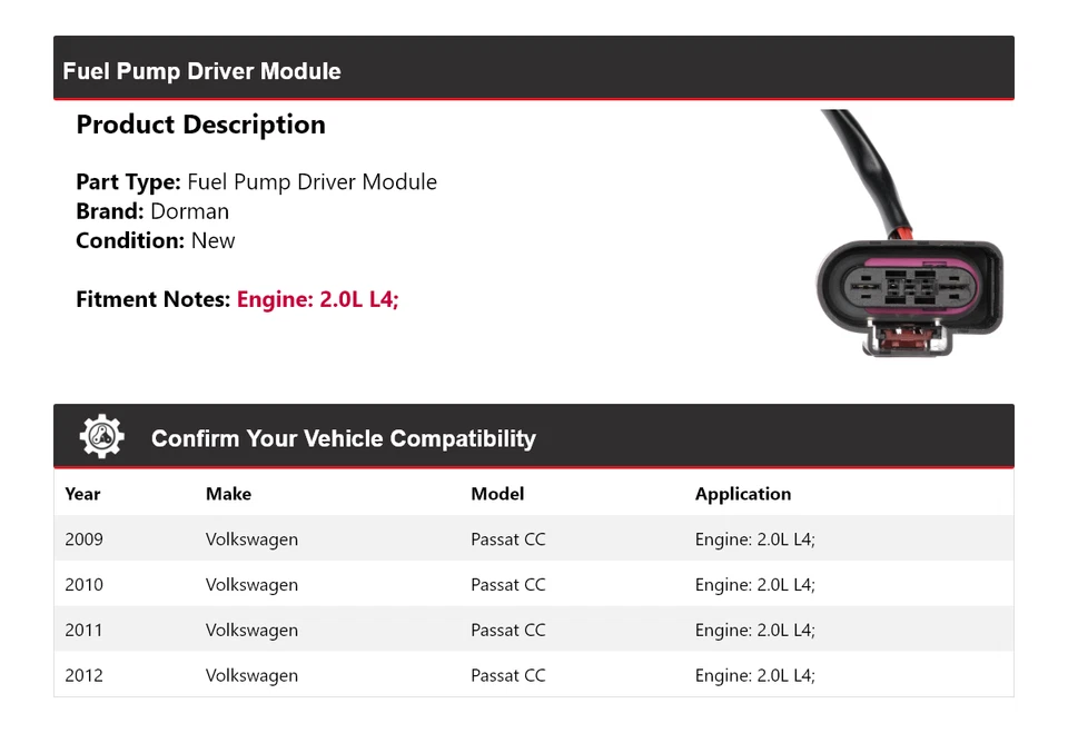 Модуль драйвера топливного насоса Dorman 2010 для Volkswagen Passat CC 2,0 л L4 2009-2012 годов выпуска - Изображение 2 из 4
