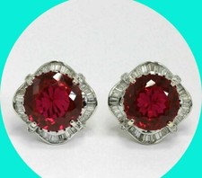 3Ct Lab-Created Round Cut Red Ruby  Diamond Stud Earrings 14K White Gold Plated