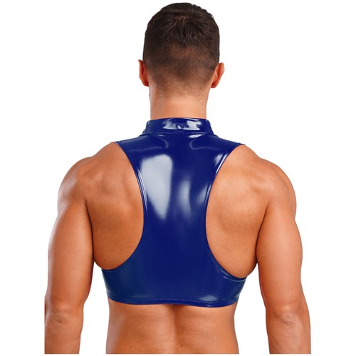 UK Mens Glossy Cropped Vest Wet Look Patent Leather Crop Top Shirt Clubwear Tee - Picture 9 of 91