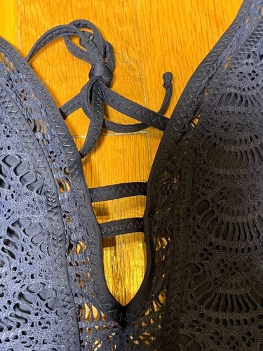 Becca Swim Women L Blue One Piece Crochet Floral V Neck Plunge Vacation Festival - Picture 9 of 14
