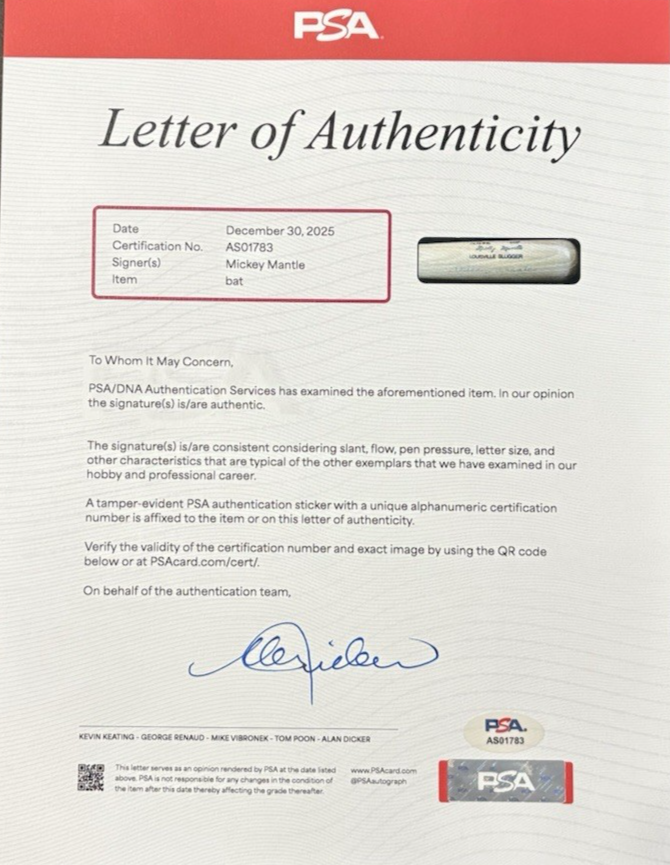 Joe DiMaggio Autographed Signed Louisville Bats MICKEY MANTLE AUTO MM LOUISVILLE SLUGGER RARE K55 BAT PSA/DNA 