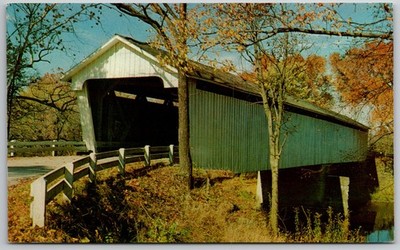Vintage Covered Bridge Indiana Autumn Fall Foliage Dexter Press Postcard