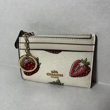 Coach Mini Skinny ID Wallet CAR17 Strawberry White Red Leather Keyring Womens