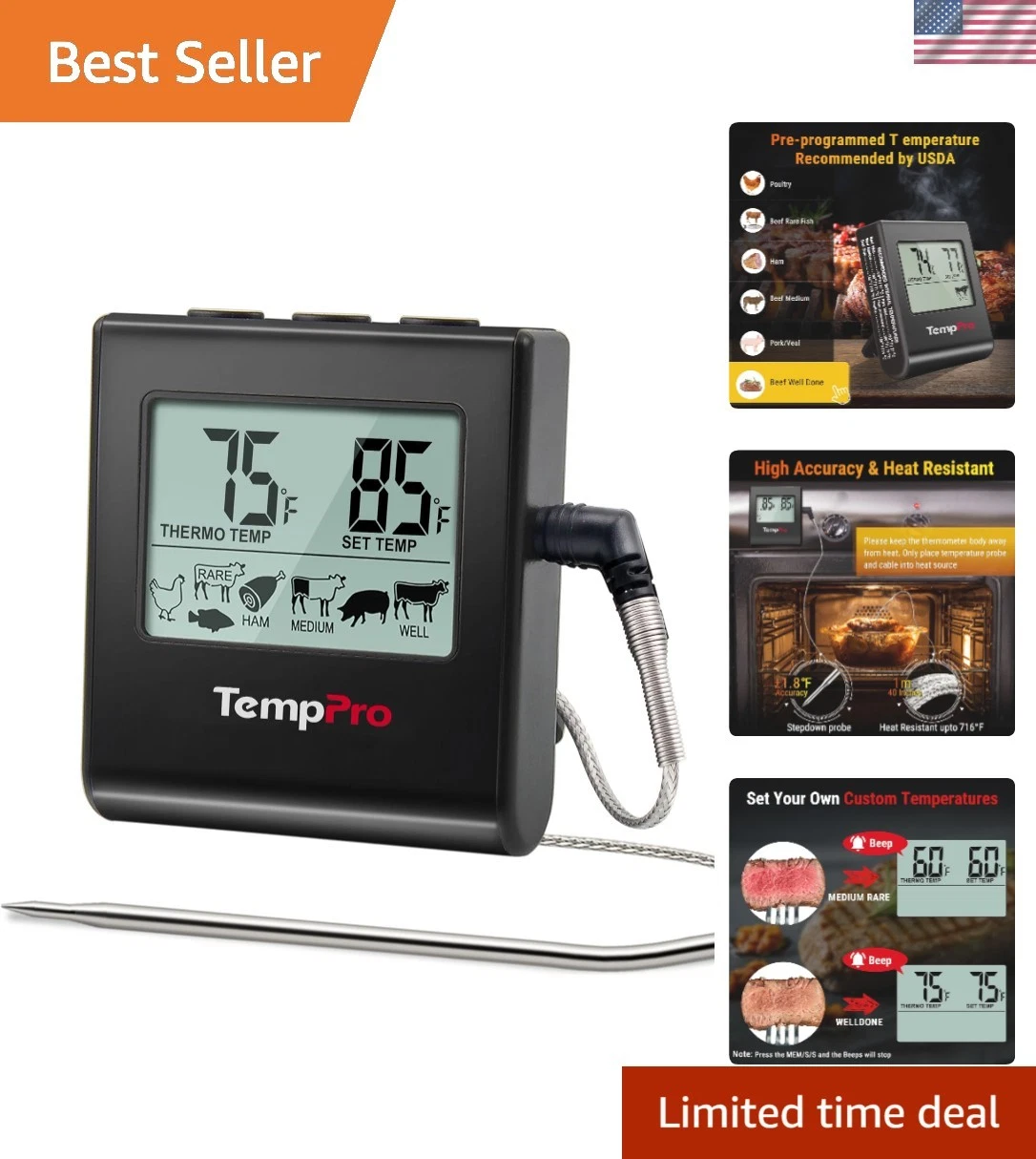 Stainless Steel Cooking Thermometer with Timer – Perfect for Grilling & Smoking