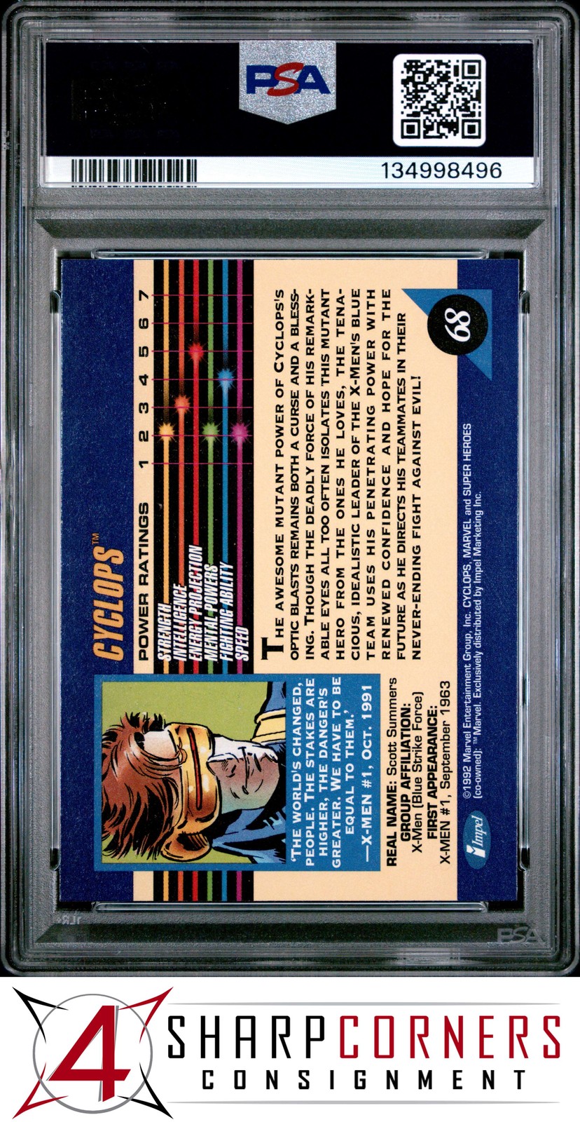 1992 MARVEL UNIVERSE #68 CYCLOPS PSA 10 view 2