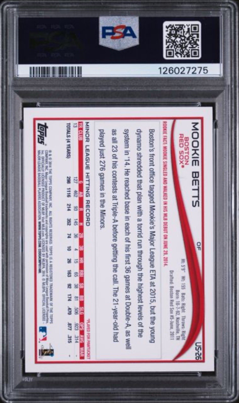 2014 Topps Update Series Mookie Betts #US-26 Batting (RC) PSA 10 view 2