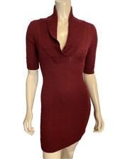 BCBGMaxazria Burgundy Short Sleeve V Neck Collared Cable Knit Dress Sz S