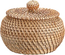 Round Rattan Basket Box With Lid Woven Wicker Storage Bin Decorative Small Bowl