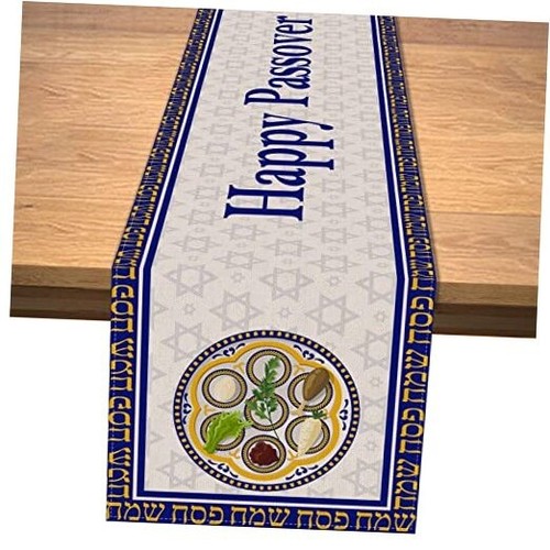 Linen Happy Passover Table Runner Jewish Holiday Party Home Kitchen Dining