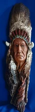  Native American Chief Wall Hanging Sculpture 15” Long Heavy Resin Gd Condition