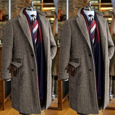 Tweed Big Herringbone Men Coat Jacket Long Overcoats Business Outwear Wool Blend