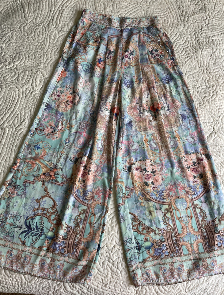Gems size AU10 Small Turquiose Blue Wide Leg Palazzo Print Pants Pockets Gems