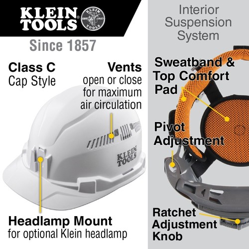 Klein Tools 60105 Hard Hat, Vented, Cap Style, White - Picture 2 of 9