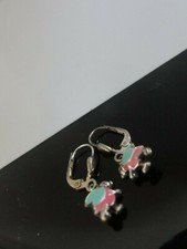 ANTIQUE SWEET LITTLE BUG 925 STERLING SILVER Signed ENAMEL HOOK EARRINGS
