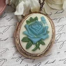 Rose Gold Large Flower Cameo Locket Necklace Pendant Birthday Anniversary Teal