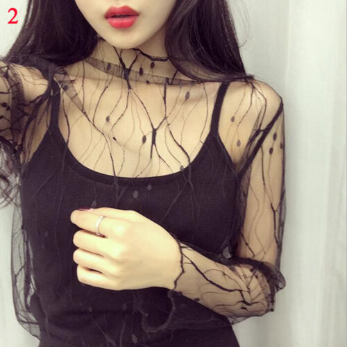 Women's Sheer Mesh Top Ladies Long Sleeve See through Turtleneck T Shirt Blouse - Picture 32 of 47