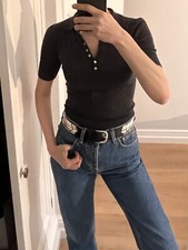 Vintage Mango Wool Knit Dark Grey Short Sleeve Polo Button Up Top - UK 8 or 10