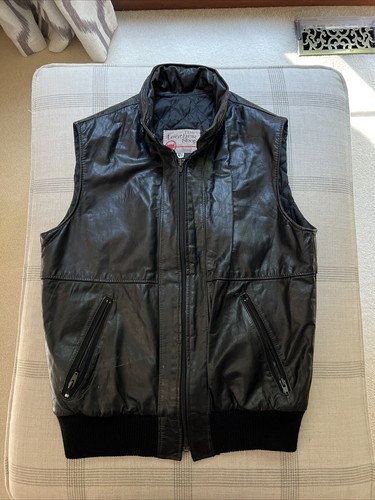 Vintage Sears-Lined Black Leather Vest With Hide Away Hood Size: 40R Motorcycle