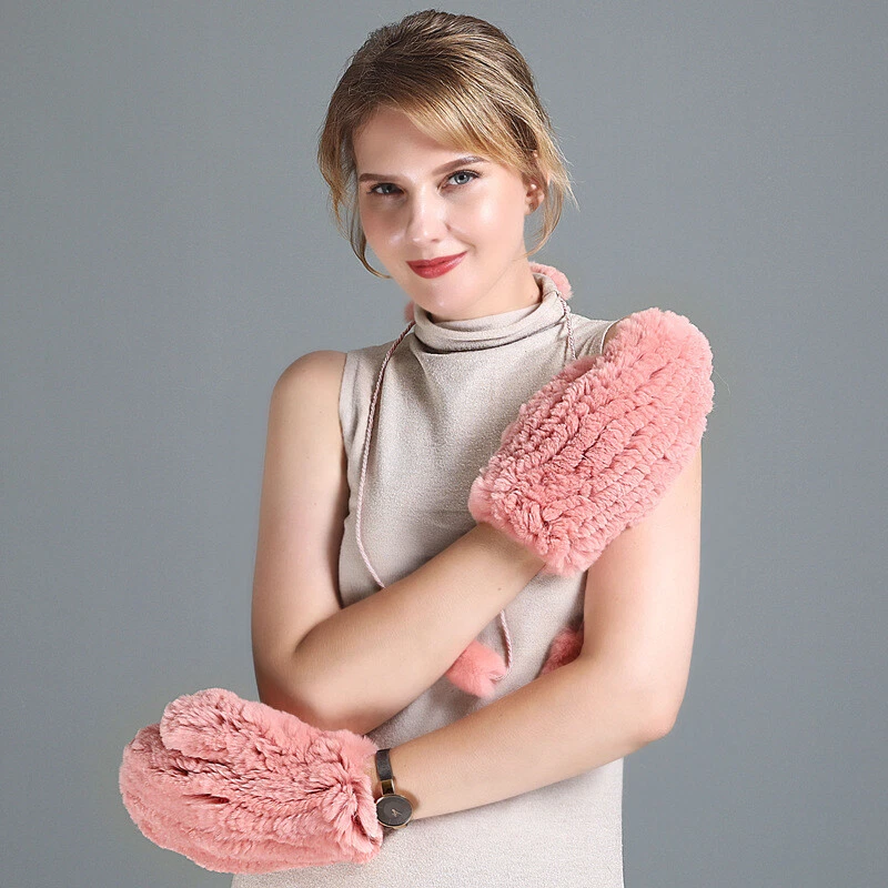 Real Rex Rabbit Fur Glove Winter Warm Mitten Double Sides Soft High Elastic