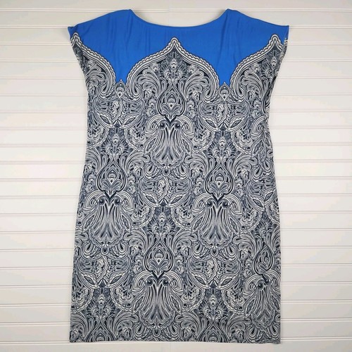 Adrianna Papell Size 16 (msmts) Lined Paisley Print Sheath Dress Blue Ivory Navy - Picture 17 of 17