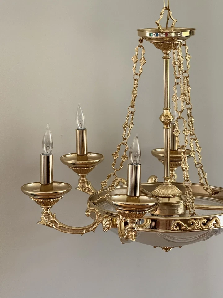 Vintage French Regency Brass Chandelier Frosted Bowl Ornate 9 Lights 2 Available - Image 4 of 4