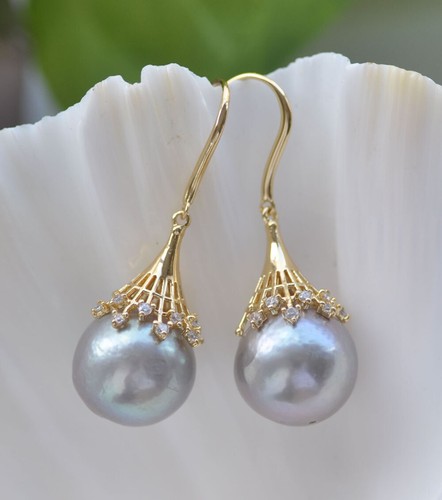 13mm Gray Round Edison Keshi Pearl Dangle Earring CZ - Picture 2 of 4